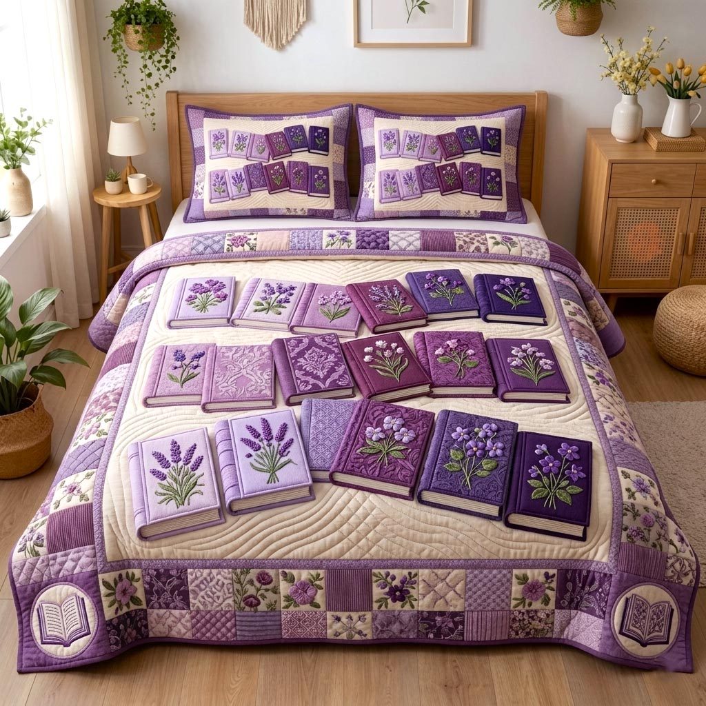 Wildflower Books Lilac quilted 3-piece bedding set on a made bed with two matching pillow shams