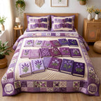 Wildflower Books Lilac quilted 3-piece bedding set on a made bed with two matching pillow shams