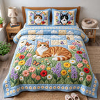 Wildflower Cat quilted 3-piece bedding set on a made bed with two matching pillow shams