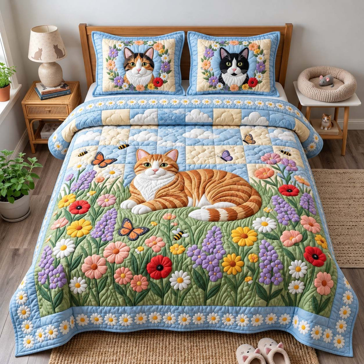 Wildflower Cat quilted 3-piece bedding set on a made bed with two matching pillow shams