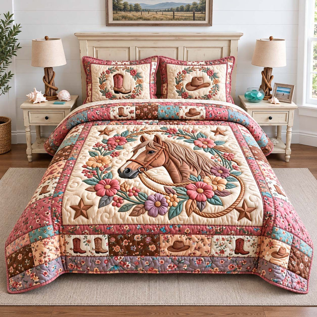 Wildflower Cowgirl Horse quilted 3-piece bedding set on a made bed in a rustic timber bedroom