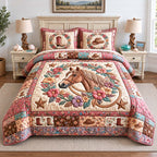 Wildflower Cowgirl Horse quilted 3-piece bedding set on a made bed in a rustic timber bedroom