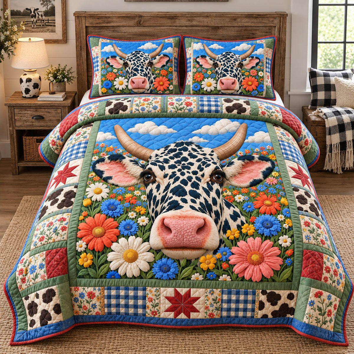 Wildflower Farm Cow quilted 3-piece bedding set on a made bed with two matching pillow shams