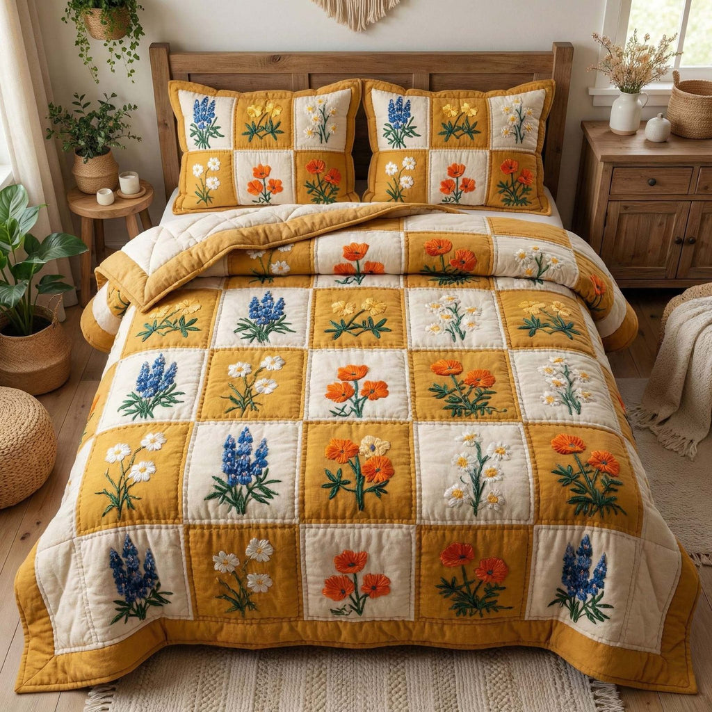 Wildflower Meadow Squares quilted 3-piece bedding set on a made bed with two matching pillow shams