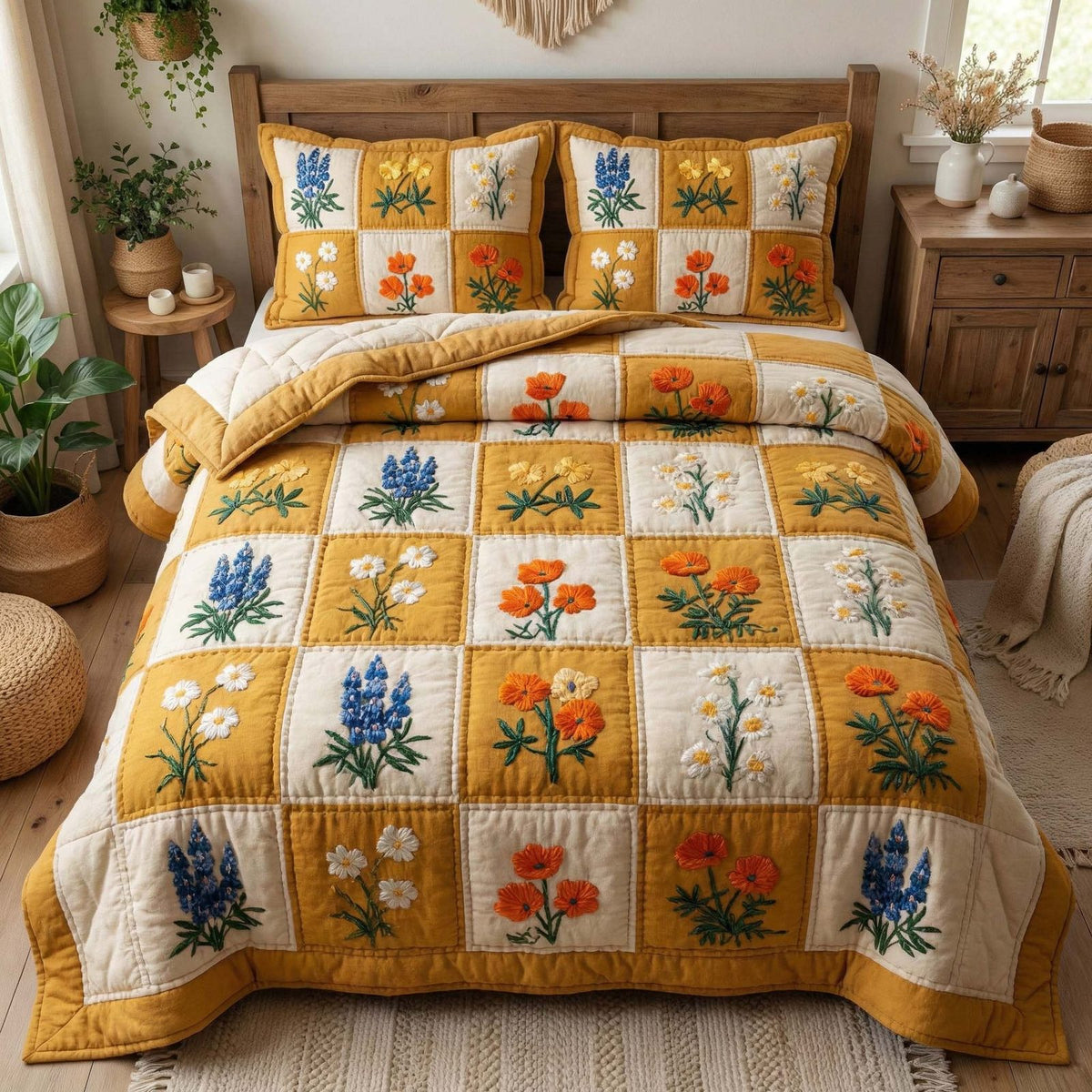 Wildflower Meadow Squares quilted 3-piece bedding set on a made bed with two matching pillow shams