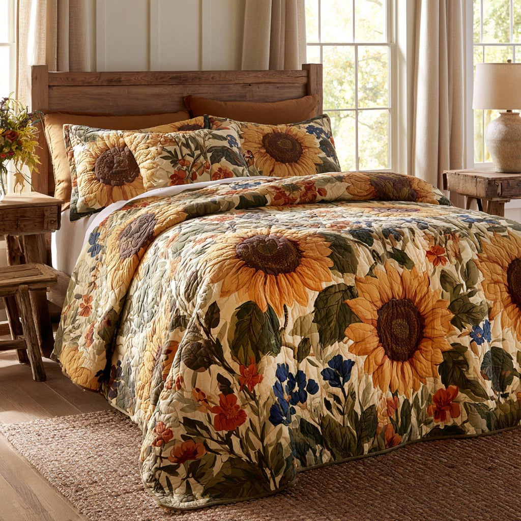 Wildflower Sunflower Field quilted 3-piece bedding set on a made bed with two matching pillow shams