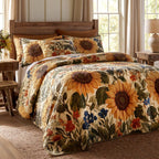Wildflower Sunflower Field quilted 3-piece bedding set on a made bed with two matching pillow shams