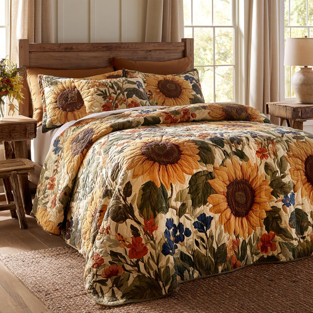 Wildflower Sunflower Field quilted 3-piece bedding set on a made bed with two matching pillow shams
