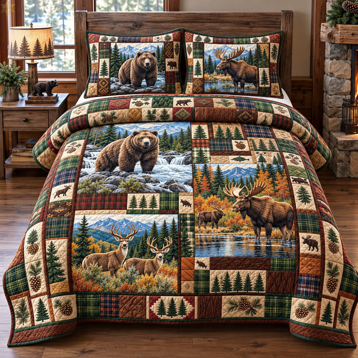 Wildlife Mountain Retreat quilted 3-piece bedding set on a made bed with two matching pillow shams