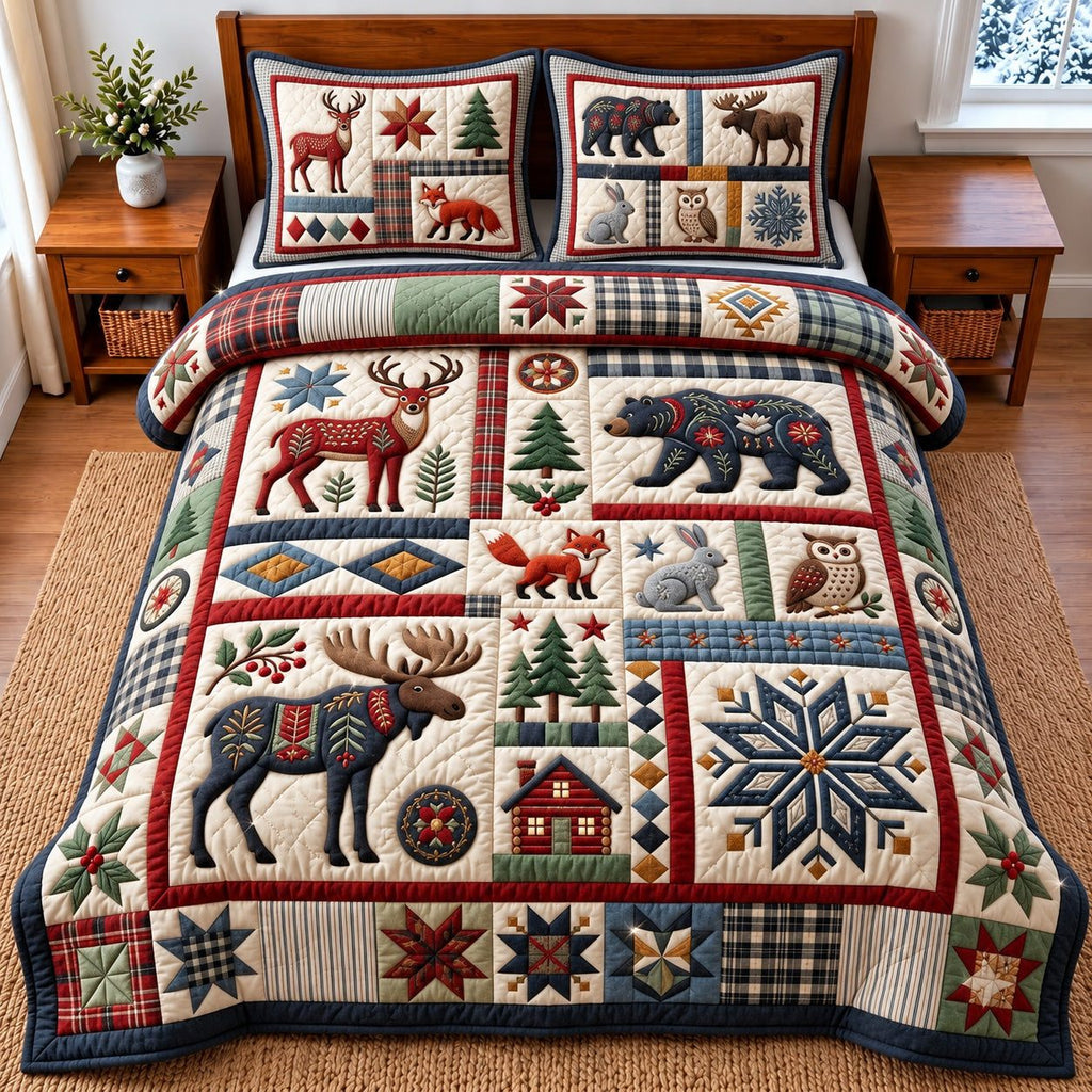 Wildlife Patchwork quilted 3-piece bedding set on a made bed in a farmhouse bedroom