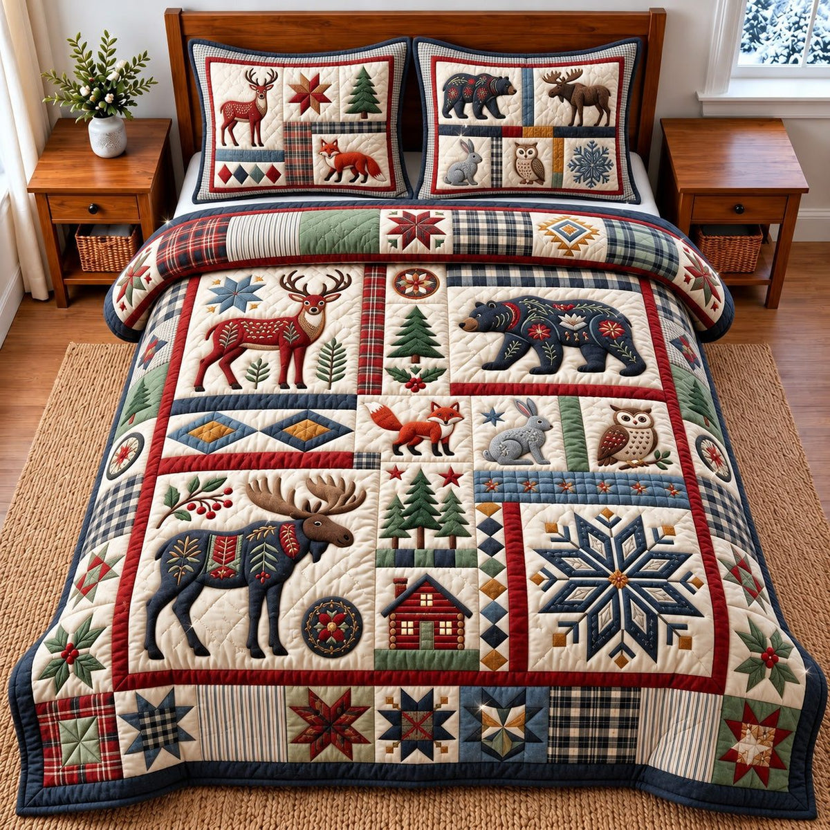 Wildlife Patchwork quilted 3-piece bedding set on a made bed in a farmhouse bedroom
