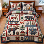 Wildlife Patchwork quilted 3-piece bedding set on a made bed in a farmhouse bedroom