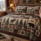 Wildwood Cabin Legacy quilted 3-piece bedding set on a made bed with two matching pillow shams