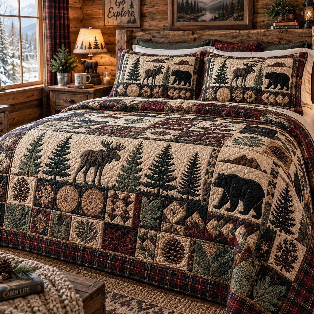 Wildwood Cabin Legacy quilted 3-piece bedding set on a made bed with two matching pillow shams