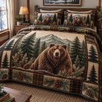 Wildwood Grizzly Retreat quilted 3-piece bedding set on a made bed with two matching pillow shams