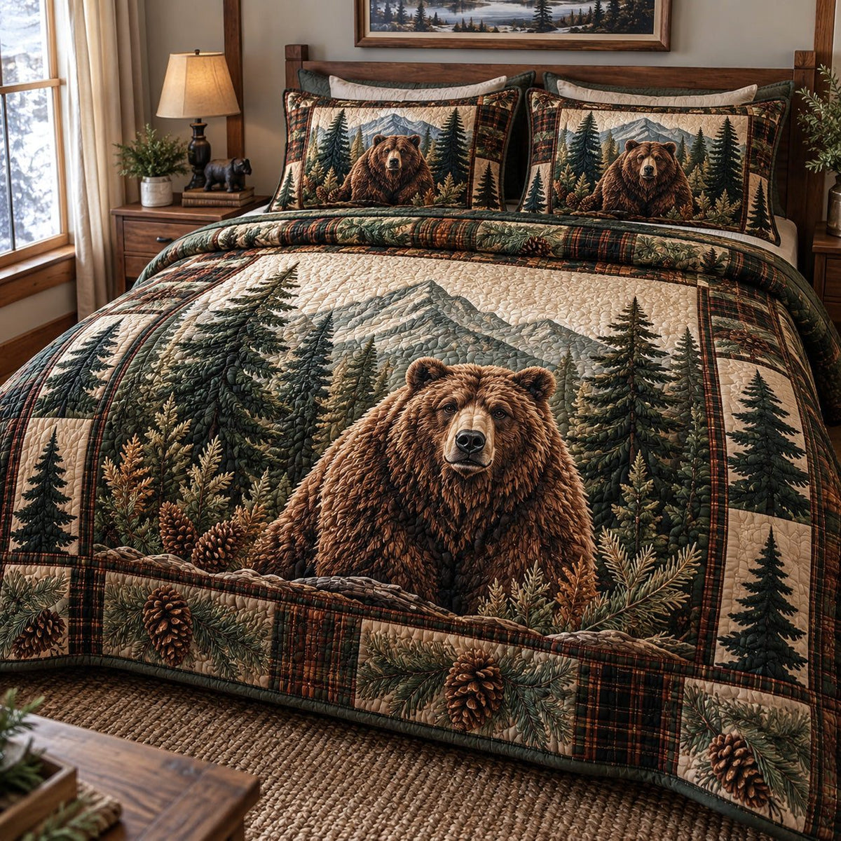Wildwood Grizzly Retreat quilted 3-piece bedding set on a made bed with two matching pillow shams