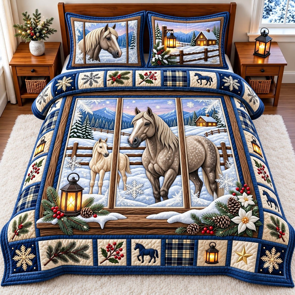 Window View Snowy Horse quilted 3-piece bedding set on a made bed in a rustic timber bedroom