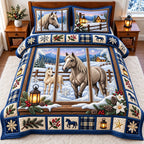Window View Snowy Horse quilted 3-piece bedding set on a made bed in a rustic timber bedroom