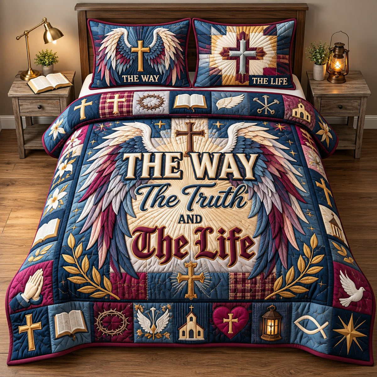 Winged Cross The Way The Truth The Life quilted 3-piece bedding set on a made bed in a softly lit bedroom