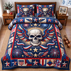 Winged Stars Patriotic Skull quilted 3-piece bedding set on a made bed against a dark styled interior