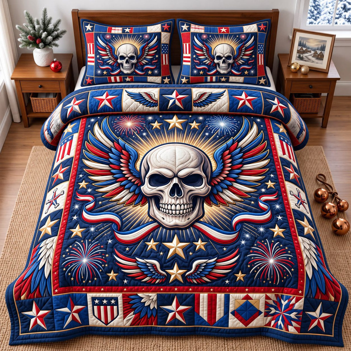 Winged Stars Patriotic Skull quilted 3-piece bedding set on a made bed against a dark styled interior
