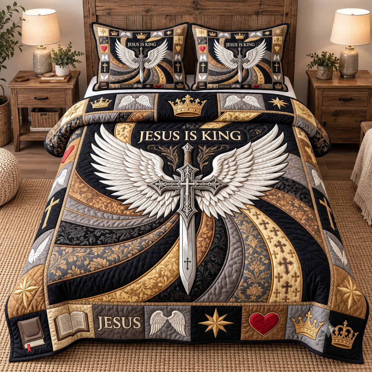 Winged Sword Jesus Is King quilted 3-piece bedding set on a made bed in a softly lit bedroom