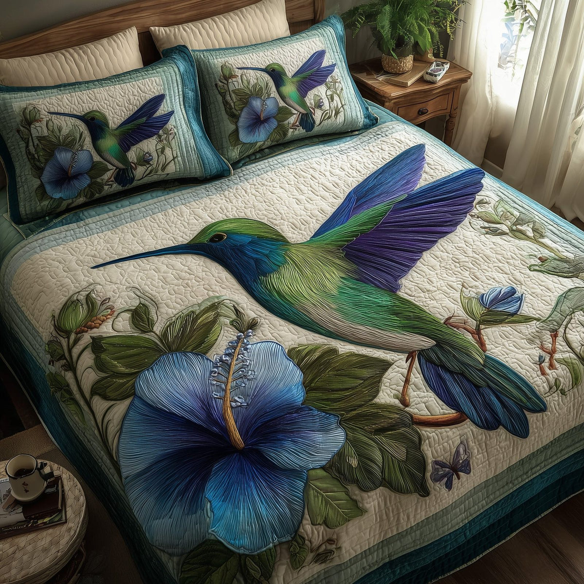 Wings And Blue Petals Bloom quilted 3-piece bedding set on a made bed with two matching pillow shams
