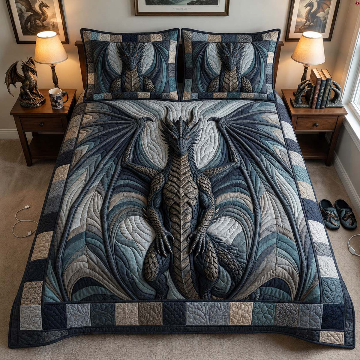 Wings Of Dominion Grey quilted 3-piece bedding set on a made bed with two matching pillow shams