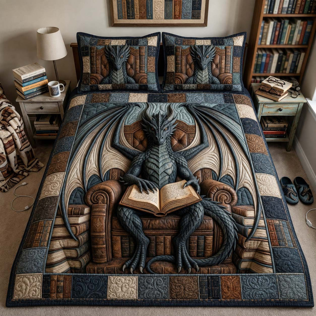 Wings Of Dominion Reading quilted 3-piece bedding set on a made bed with two matching pillow shams