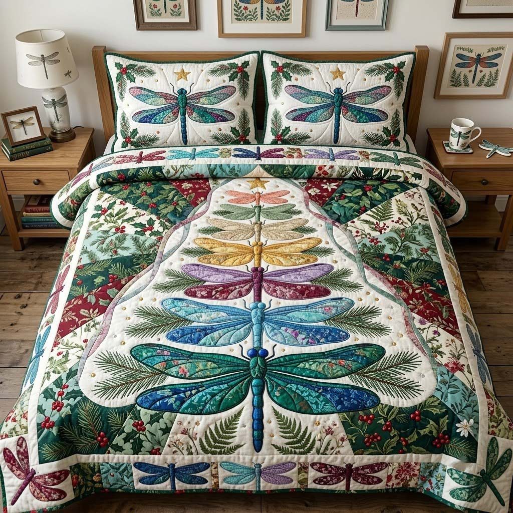 Wings Of The Garden Circle quilted 3-piece bedding set on a made bed with two matching pillow shams