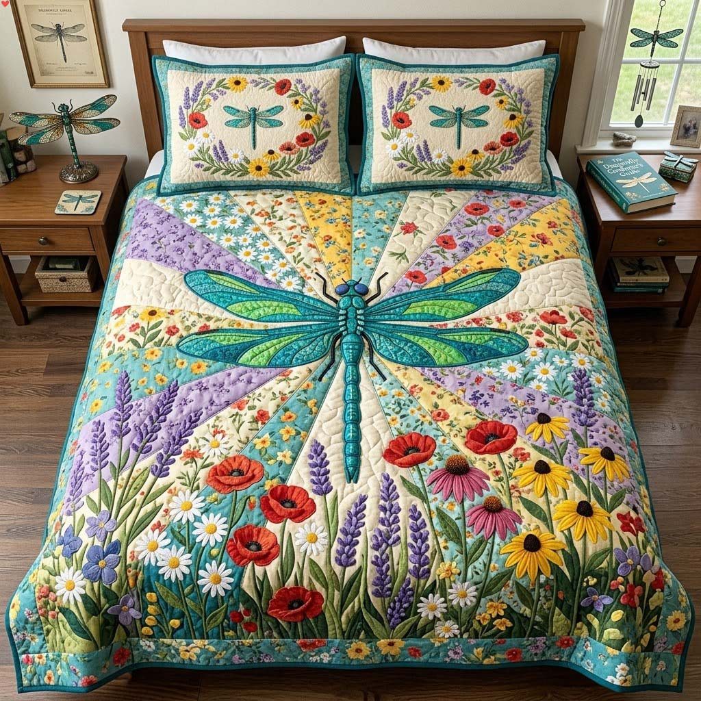 Wings Of The Garden Cream quilted 3-piece bedding set on a made bed with two matching pillow shams