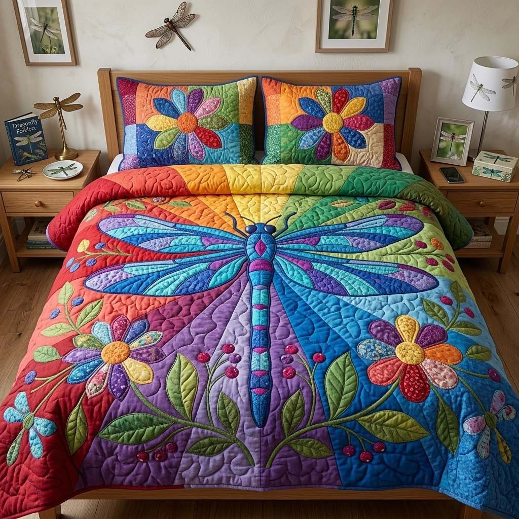 Wings Of The Garden Rainbow quilted 3-piece bedding set on a made bed with two matching pillow shams