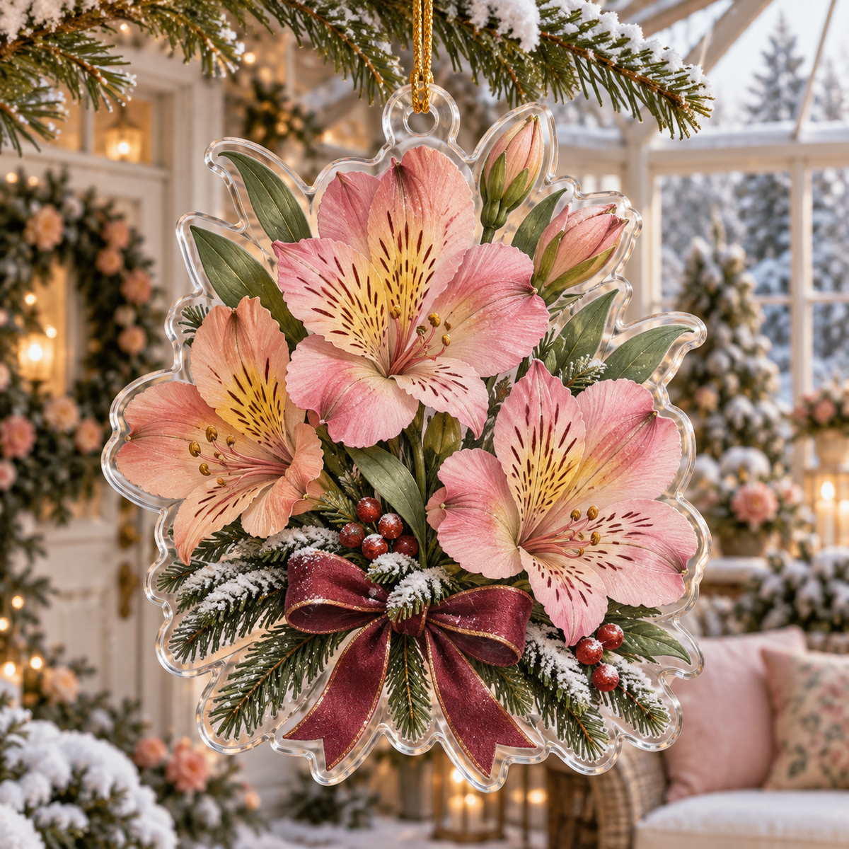 Winter Alstroemeria Acrylic Christmas Ornament — digital product visualization