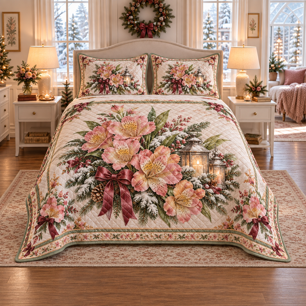 Winter Alstroemeria Christmas 3-Piece Quilted Bedding Set — digital product visualization