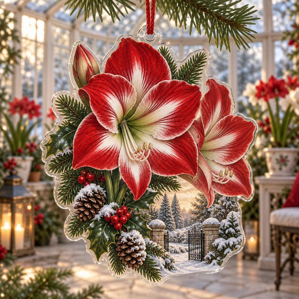 Winter Amaryllis Acrylic Christmas Ornament — digital product visualization