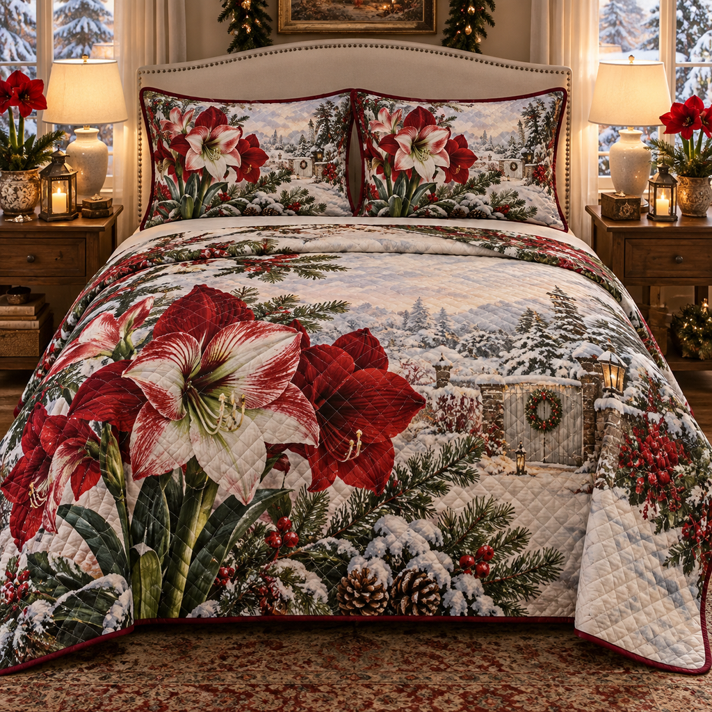 Winter Amaryllis Christmas 3-Piece Quilted Bedding Set — digital product visualization