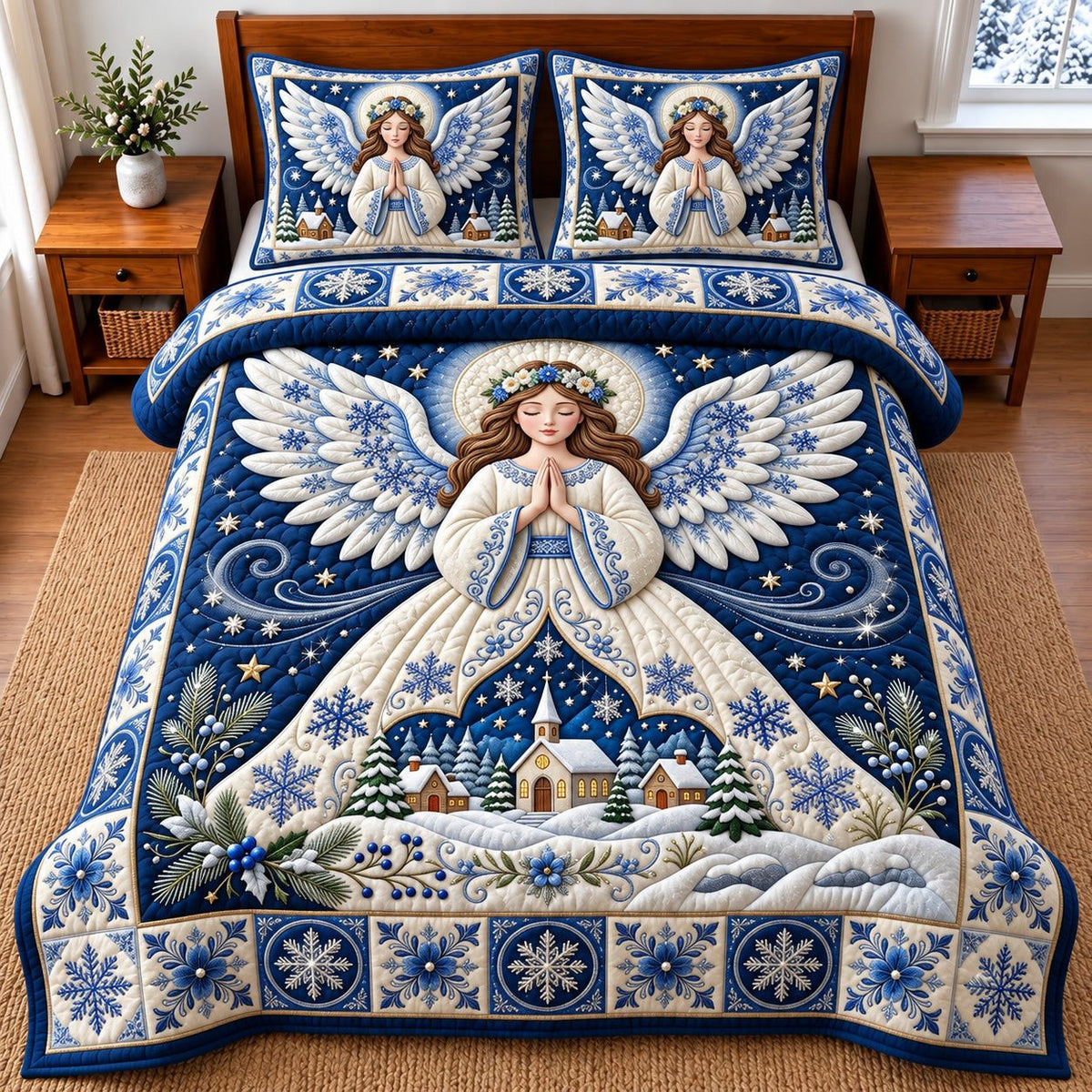 Winter Angel quilted 3-piece bedding set on a made bed in a winter-styled bedroom