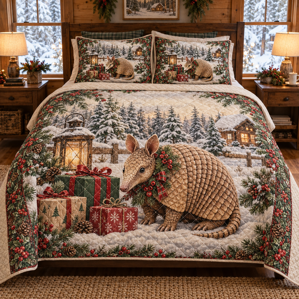 Winter Armadillo Christmas 3-Piece Quilted Bedding Set — digital product visualization