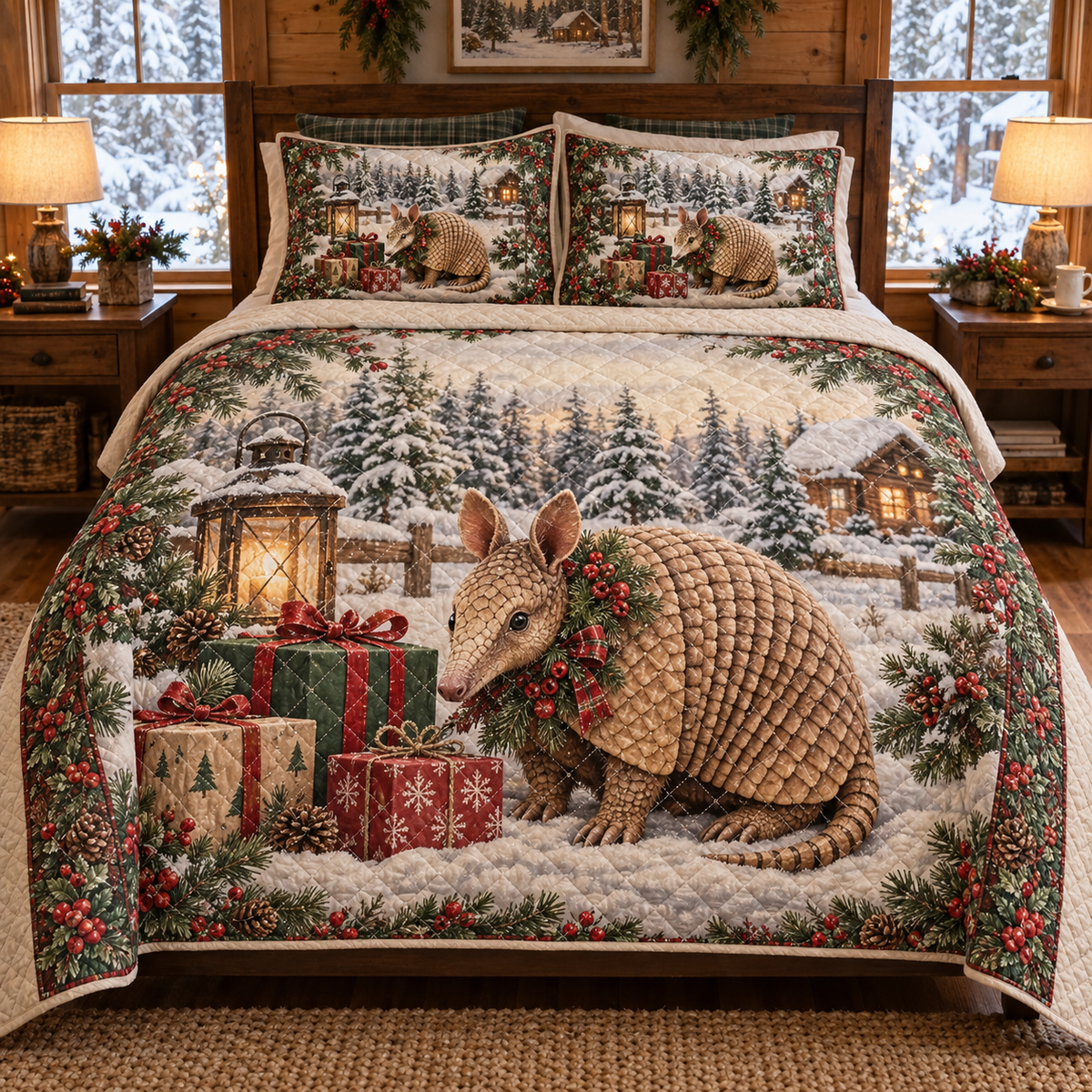 Winter Armadillo Christmas 3-Piece Quilted Bedding Set — digital product visualization