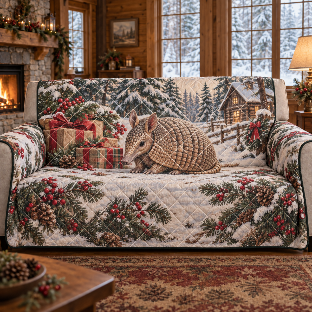 Winter Armadillo Christmas Quilted Sofa Cover — digital product visualization