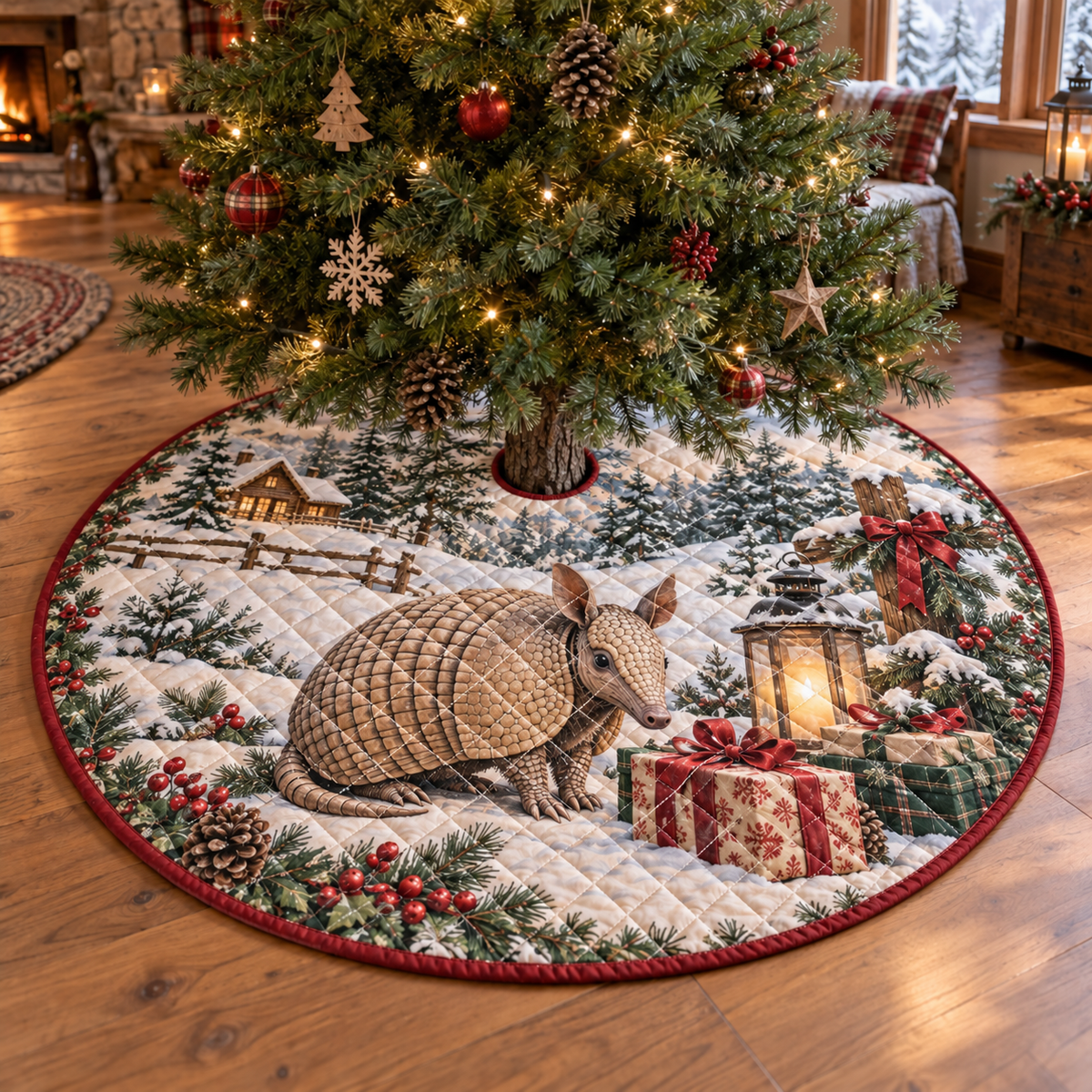 Winter Armadillo Quilted Christmas Tree Skirt — digital product visualization