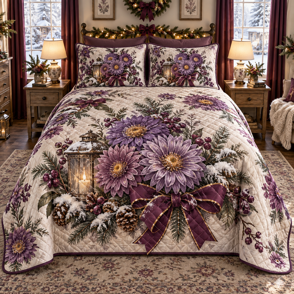 Winter Aster Christmas 3-Piece Quilted Bedding Set — digital product visualization