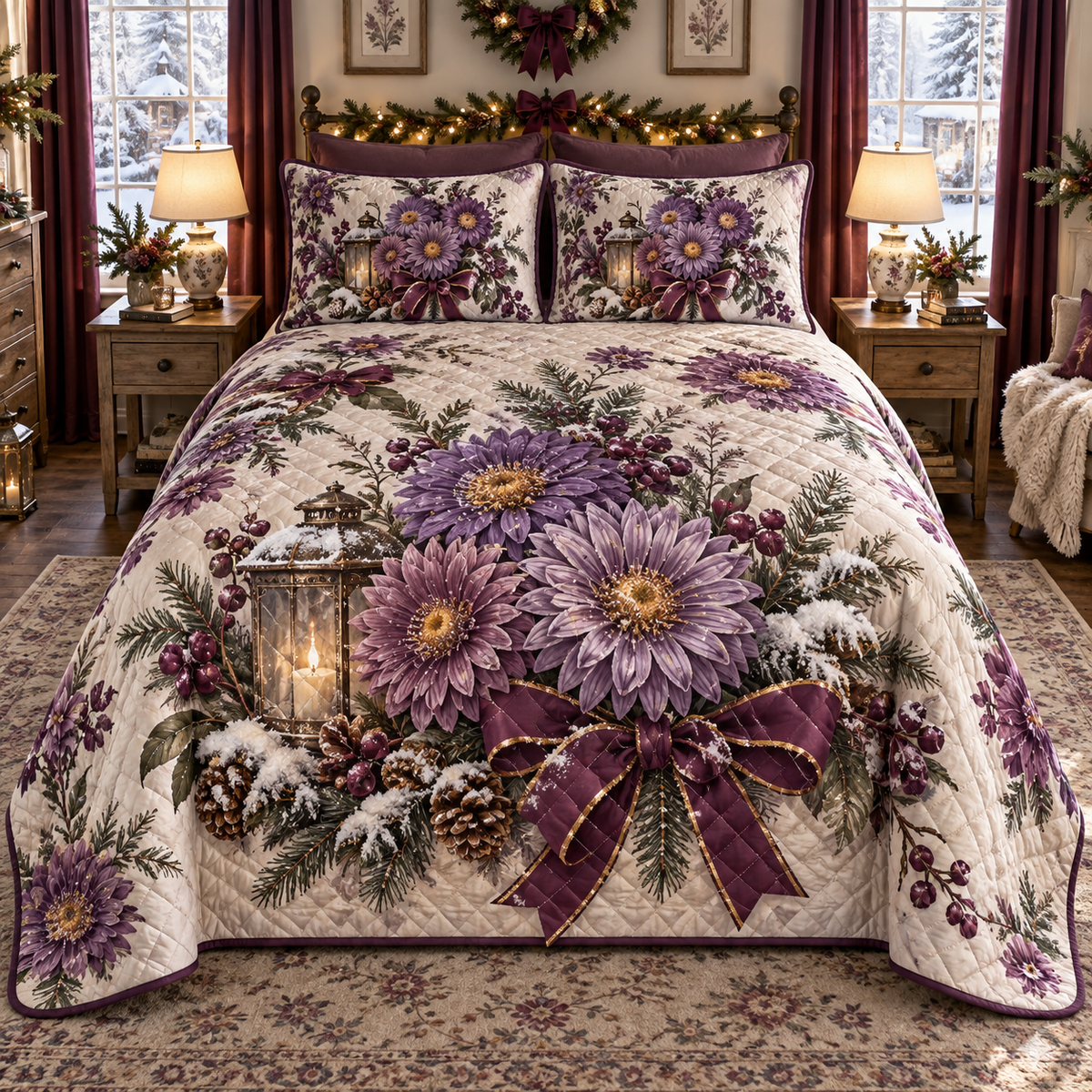 Winter Aster Christmas 3-Piece Quilted Bedding Set — digital product visualization