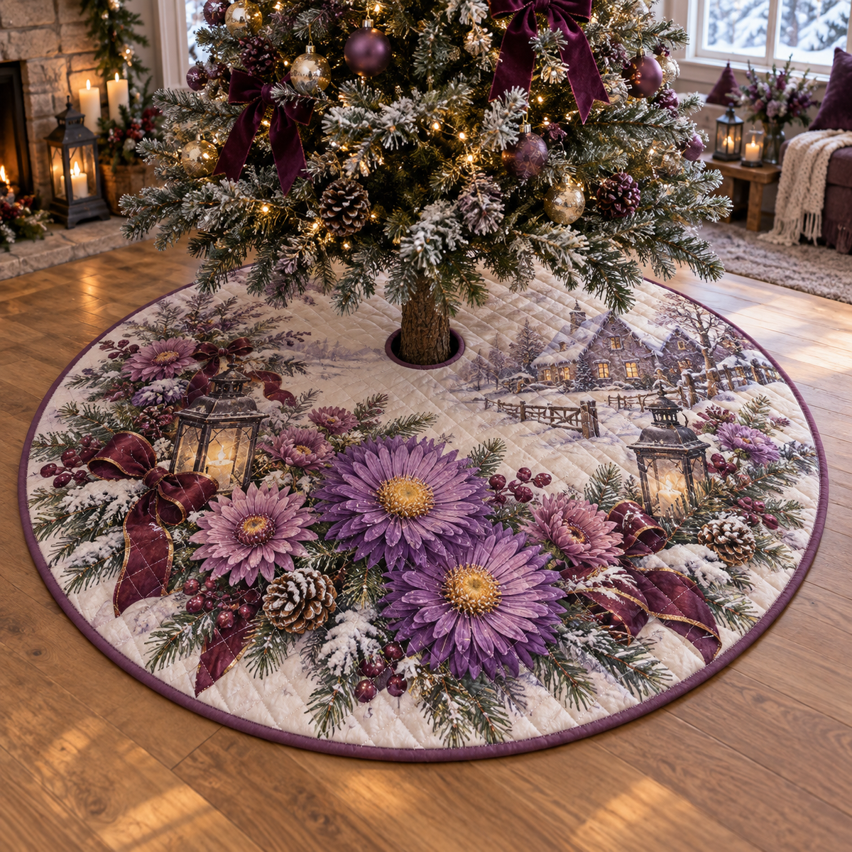 Winter Aster Quilted Christmas Tree Skirt — digital product visualization