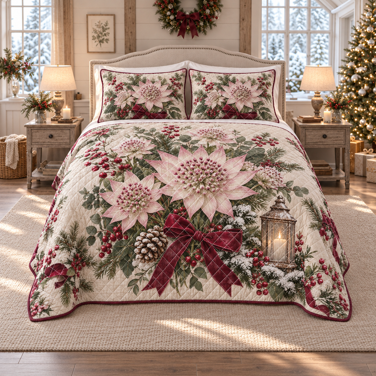 Winter Astrantia Christmas 3-Piece Quilted Bedding Set — digital product visualization