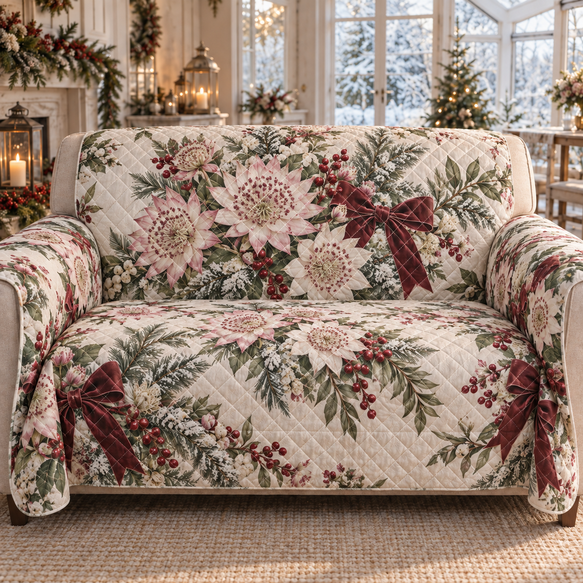 Winter Astrantia Christmas Quilted Sofa Cover — digital product visualization