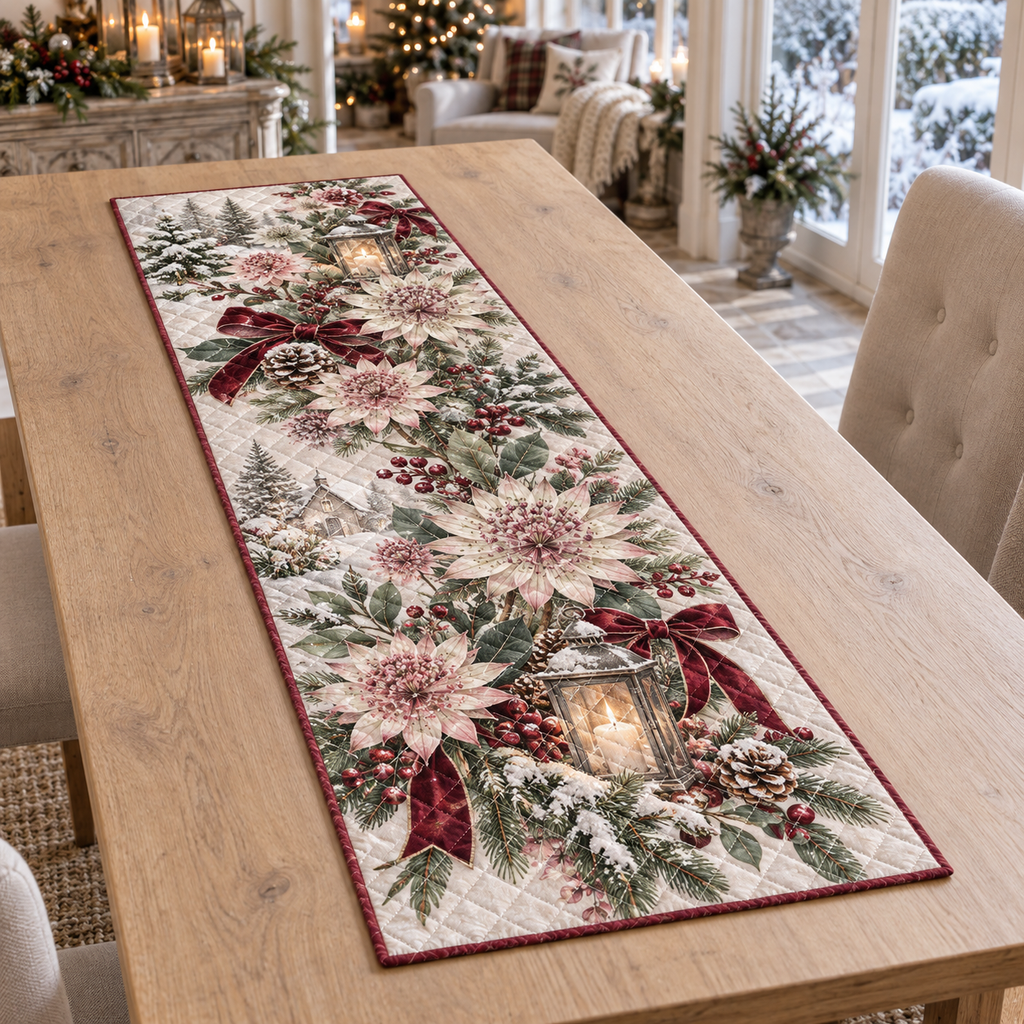 Winter Astrantia Christmas Quilted Table Runner — digital product visualization
