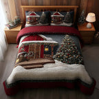 Winter Barn Cabin quilted 3-piece bedding set on a made bed in a winter-styled bedroom