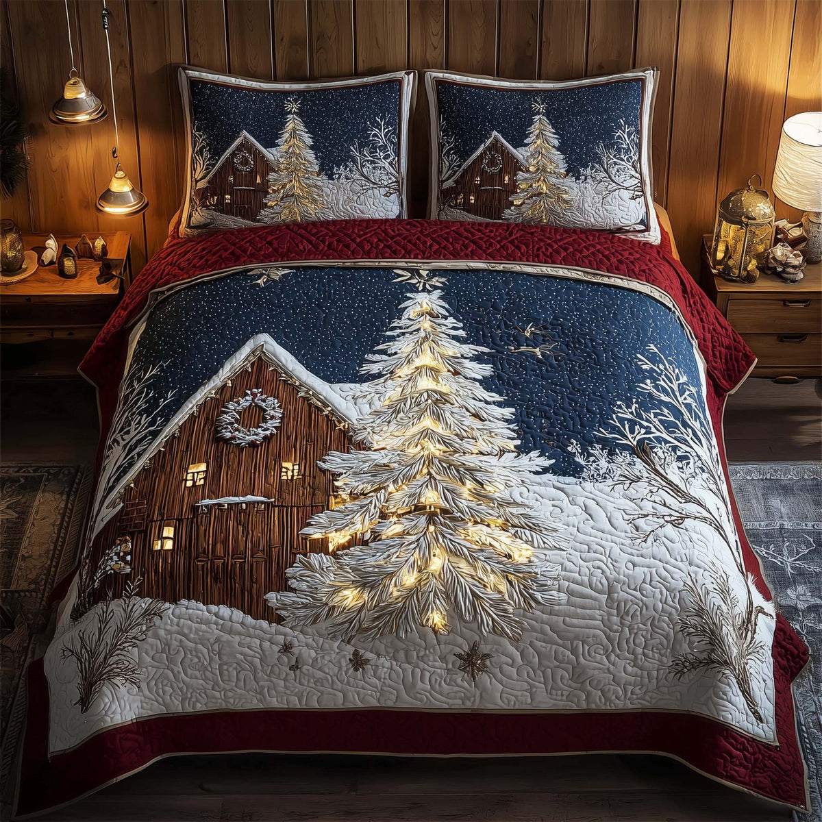 Winter Barn Lights quilted 3-piece bedding set on a made bed in a winter-styled bedroom
