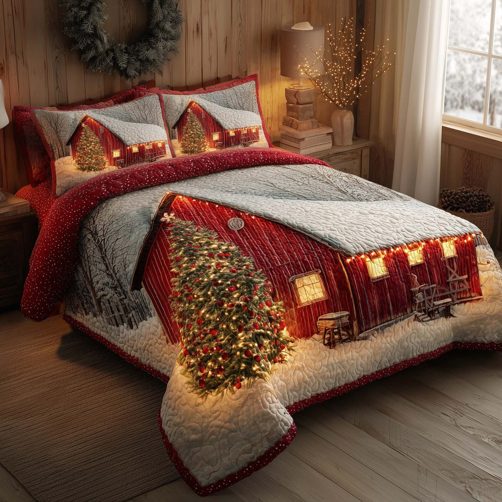 Winter Barn Snow quilted 3-piece bedding set on a made bed in a winter-styled bedroom